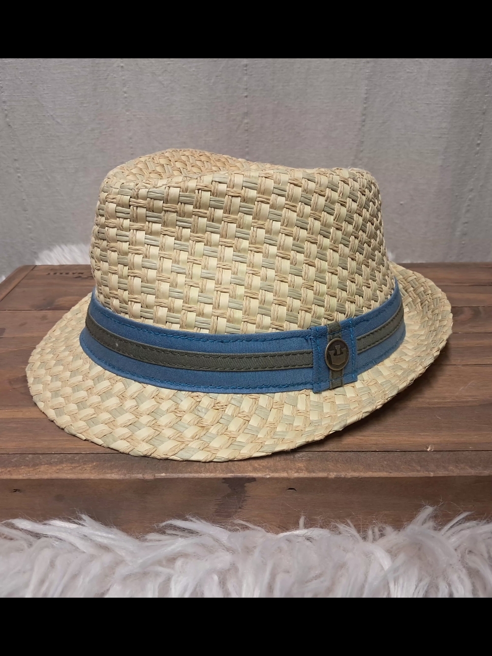 Goorin Bros Straw Fedora with Blue and Olive Band Size L - Picture 5 of 7